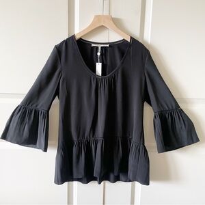 Trina Turk Silk Peplum Bell Sleeve Black Blouse Top Size Small